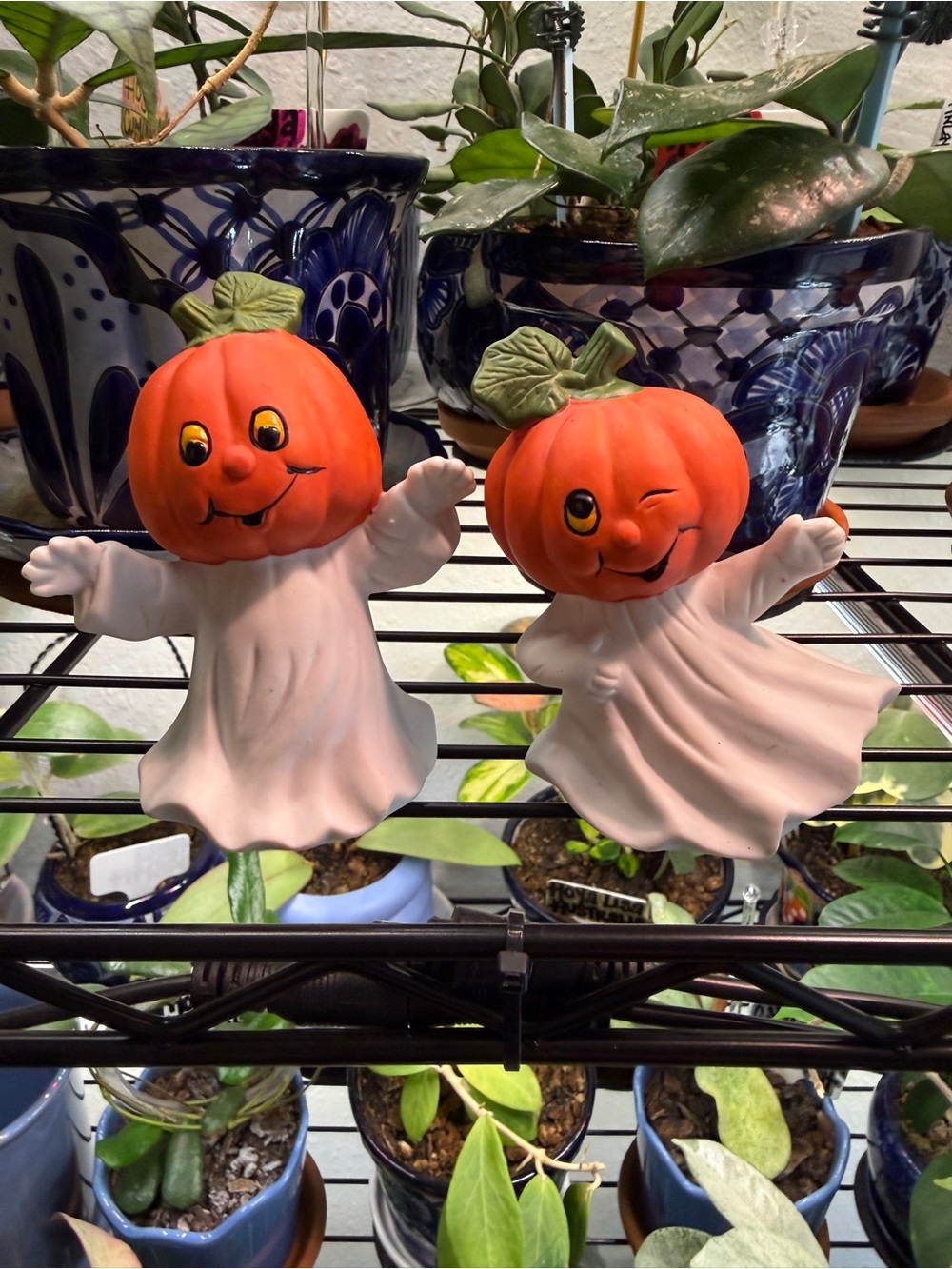 Vintage 1980s Ceramic Pumpkin Head Ghosts - Set of 2 Halloween Figurines
